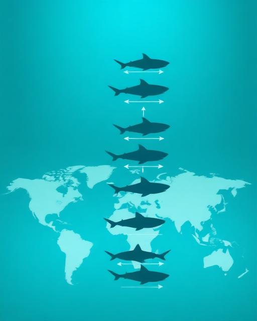 Stylised ladder of sharks from small to massive over a world map backdrop