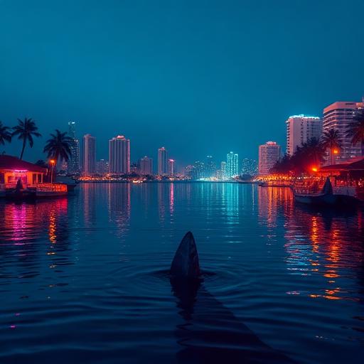 Evening view of a stylised Indian city bay with neon reflections and fins cutting through water