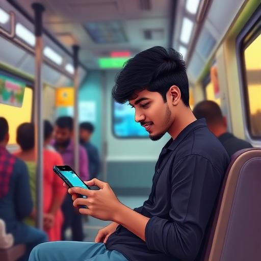 Indian student playing Hungry Shark World on a phone inside a metro coach